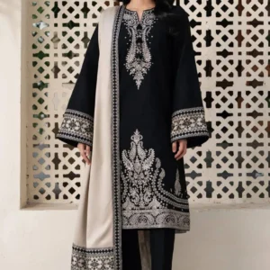 elegant black embroidered kurta set with beige shawl for women