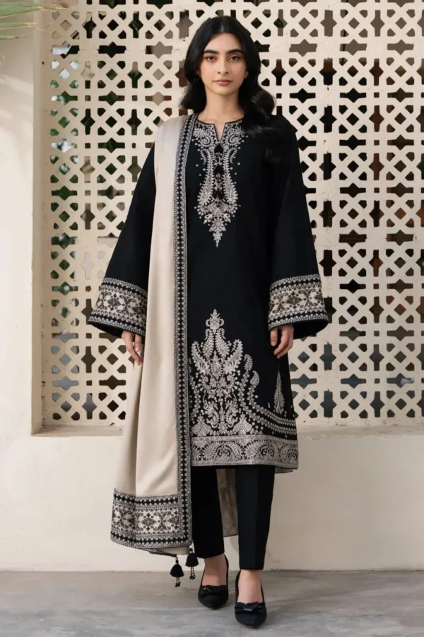 elegant black embroidered kurta set with beige shawl for women
