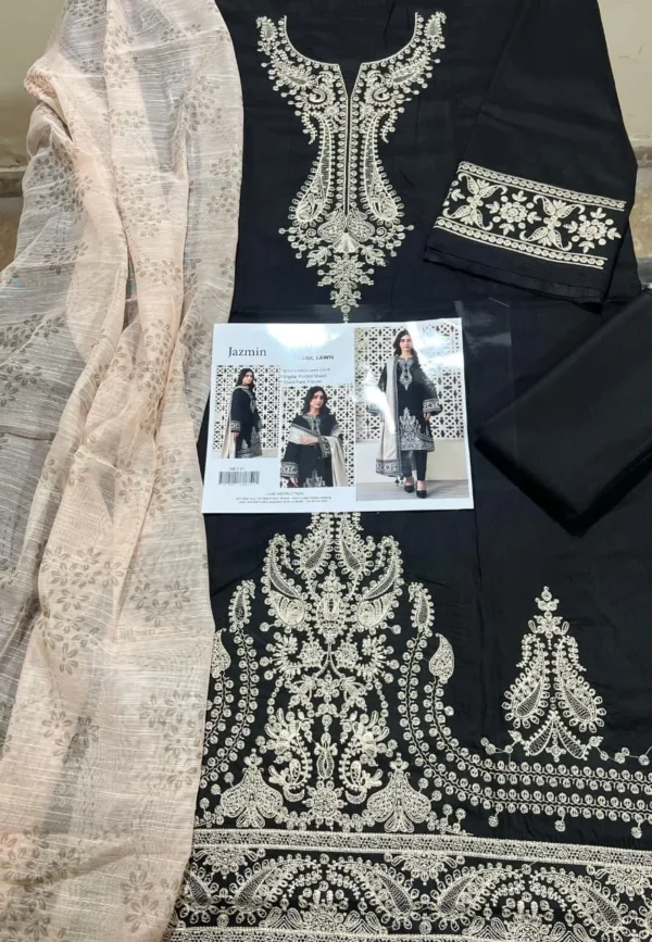 elegant black embroidered kurta set with beige shawl for women