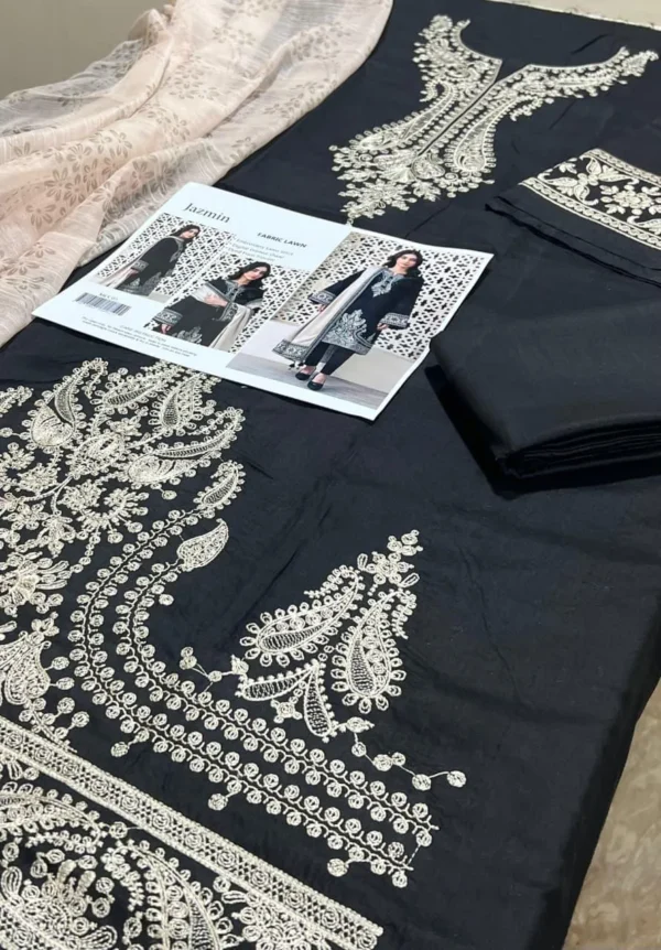 elegant black embroidered kurta set with beige shawl for women