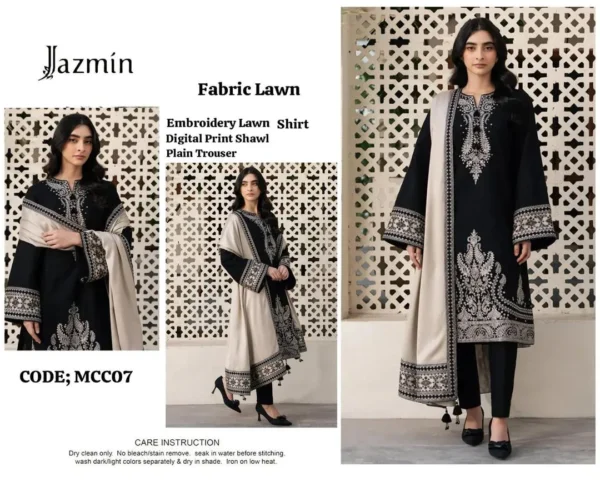 elegant black embroidered kurta set with beige shawl for women