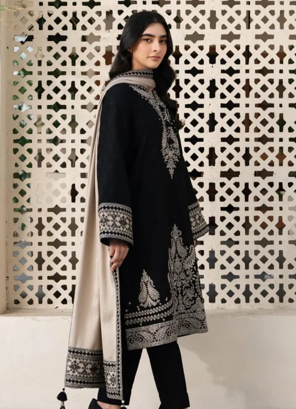 elegant black embroidered kurta set with beige shawl for women