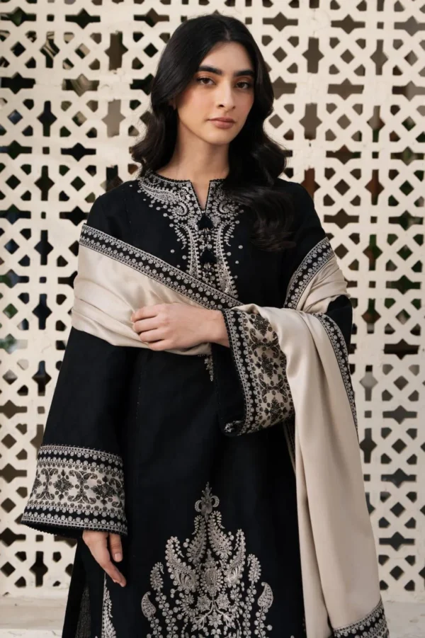 elegant black embroidered kurta set with beige shawl for women