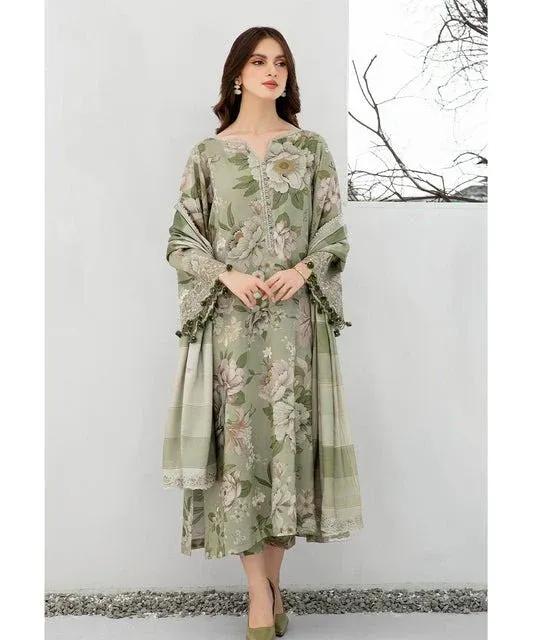 elegant floral printed anarkali suit green 3 piece set