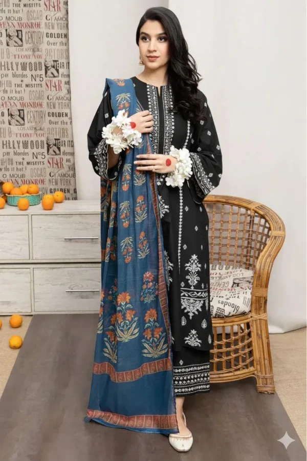 elegant black embroidered lawn 3 piece suit with digital print dupatta