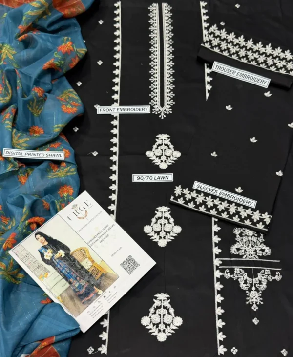 elegant black embroidered lawn 3 piece suit with digital print dupatta