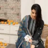 elegant black embroidered lawn 3 piece suit with digital print dupatta