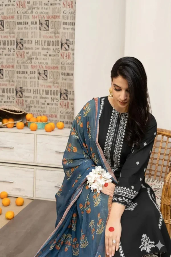 elegant black embroidered lawn 3 piece suit with digital print dupatta