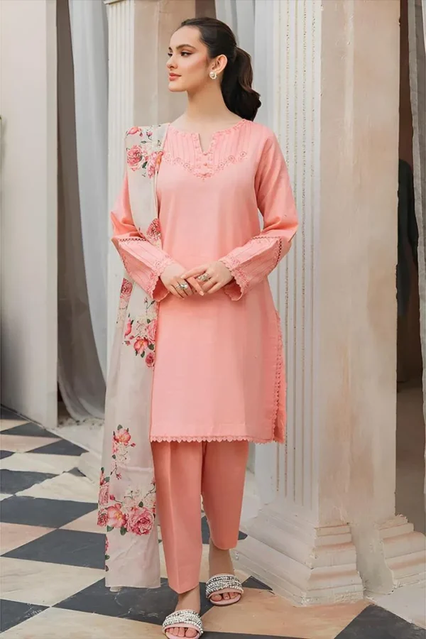 peach embroidered lawn 3 piece suit