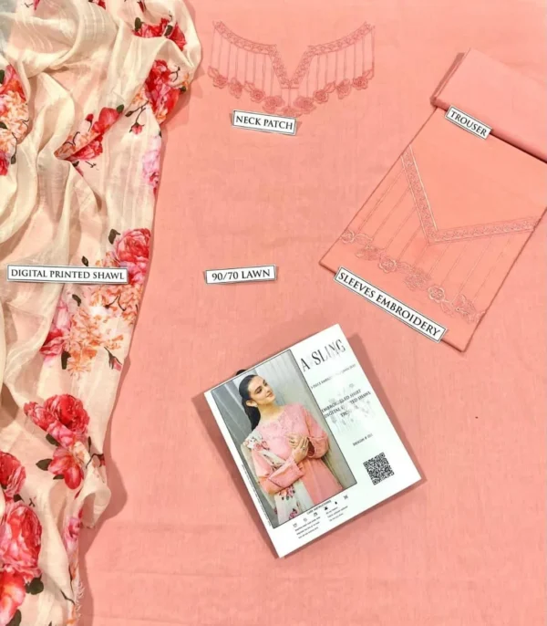 peach embroidered lawn 3 piece suit