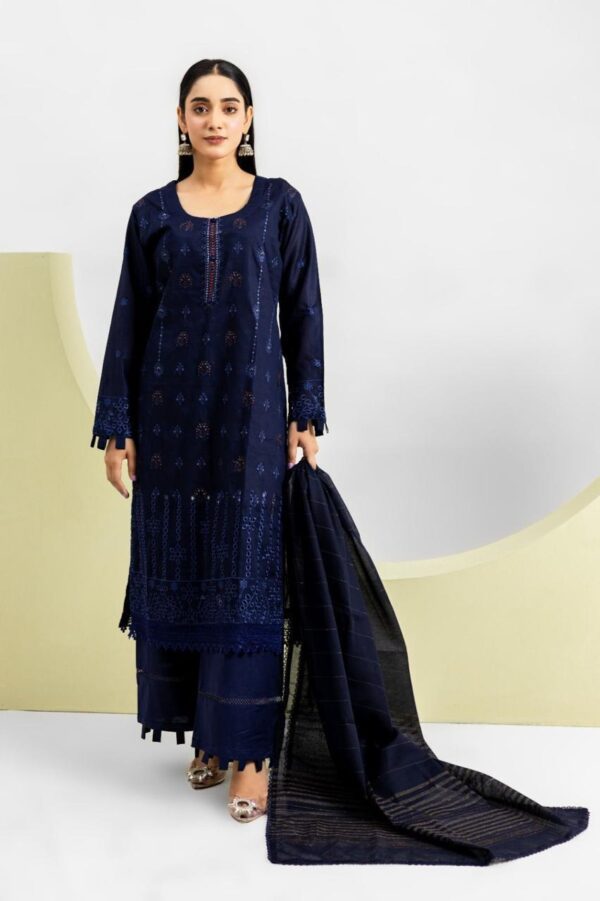 elegant navy blue embroidered lawn 3 piece suit for women