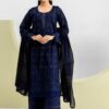elegant navy blue embroidered lawn 3 piece suit for women