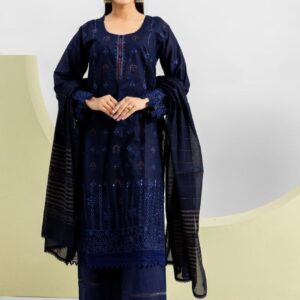 elegant navy blue embroidered lawn 3 piece suit for women