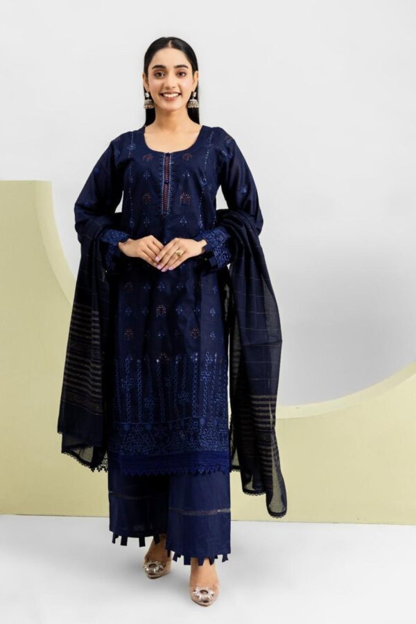 elegant navy blue embroidered lawn 3 piece suit for women