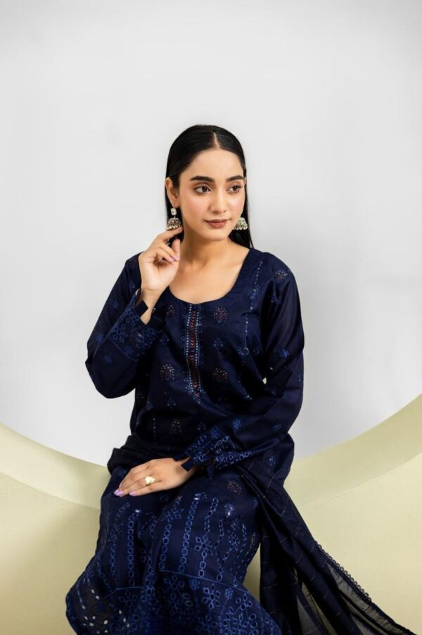 elegant navy blue embroidered lawn 3 piece suit for women