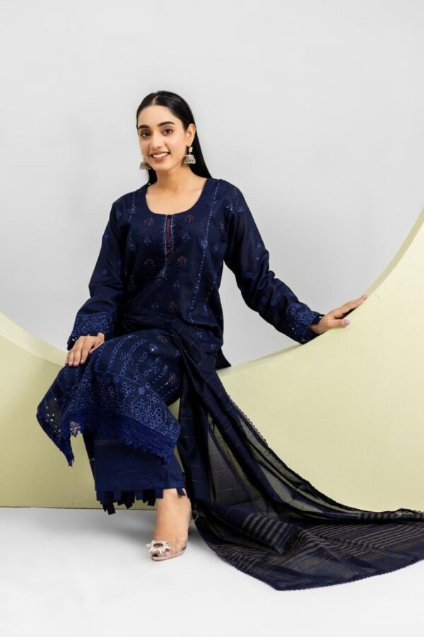 elegant navy blue embroidered lawn 3 piece suit for women