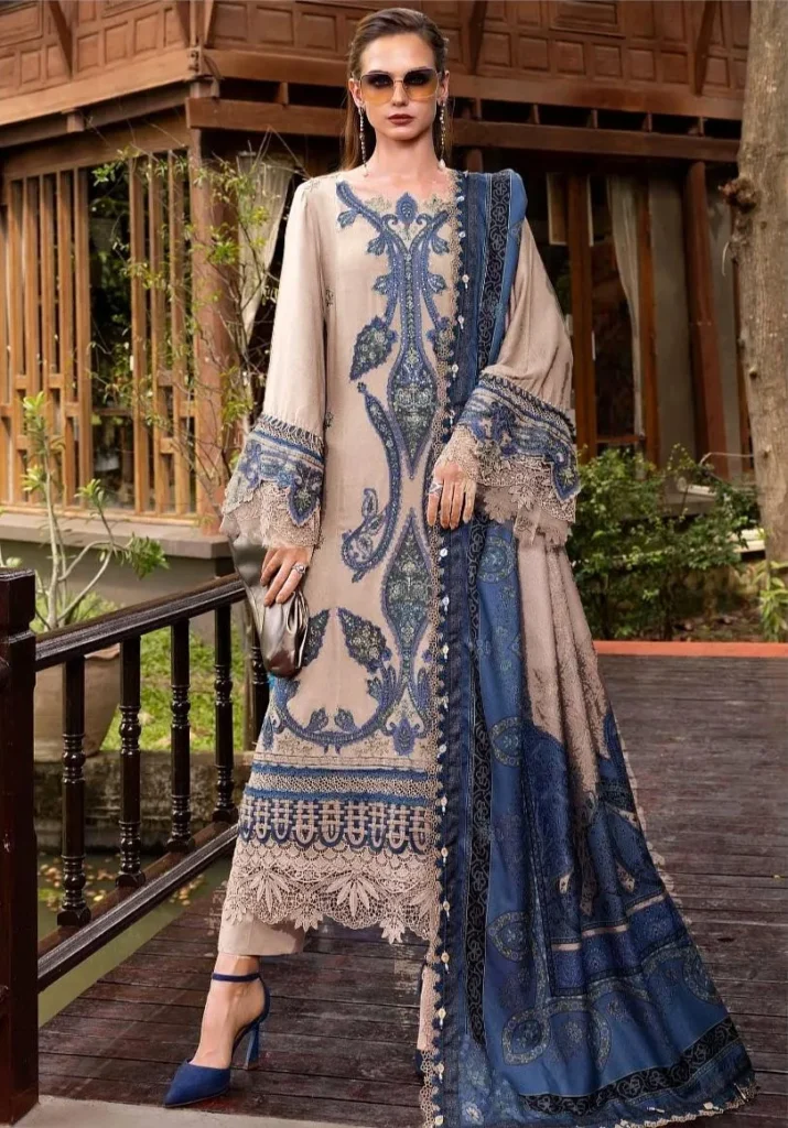 elegant blue beige embroidered lawn suit 3 piece set for women