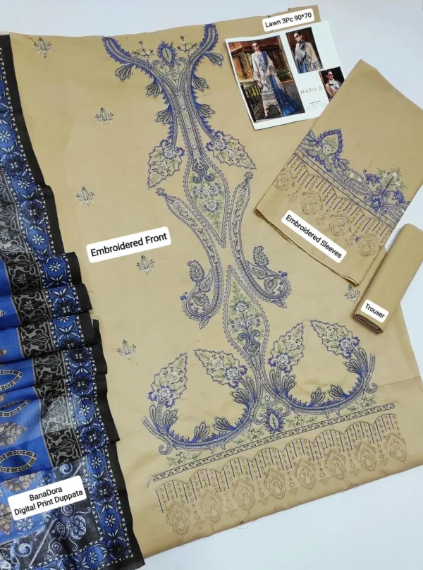 elegant blue beige embroidered lawn suit 3 piece set for women