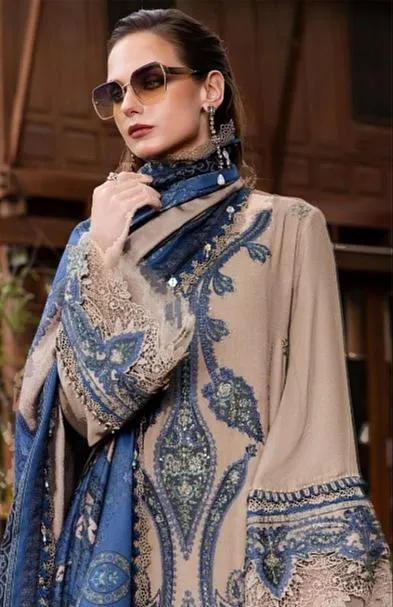 elegant blue beige embroidered lawn suit 3 piece set for women