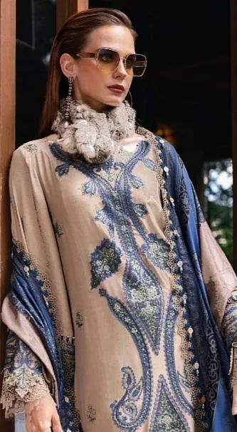 elegant blue beige embroidered lawn suit 3 piece set for women