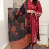 elegant maroon embroidered lawn 3 piece suit with printed dupatta