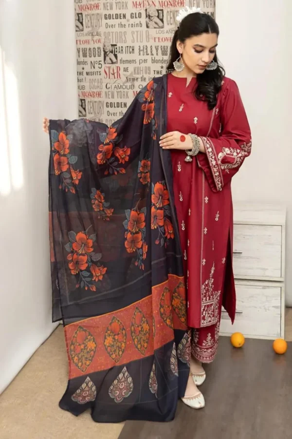 elegant maroon embroidered lawn 3 piece suit with printed dupatta