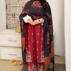 elegant maroon embroidered lawn 3 piece suit with printed dupatta