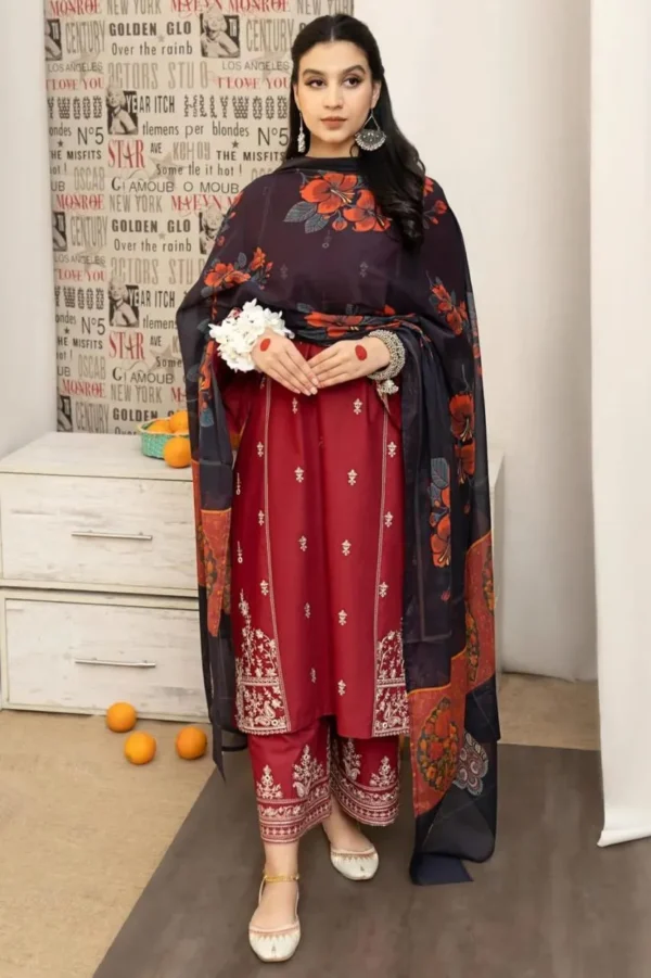 elegant maroon embroidered lawn 3 piece suit with printed dupatta