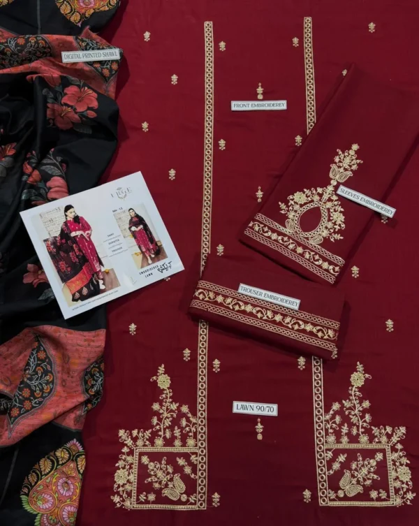 elegant maroon embroidered lawn 3 piece suit with printed dupatta
