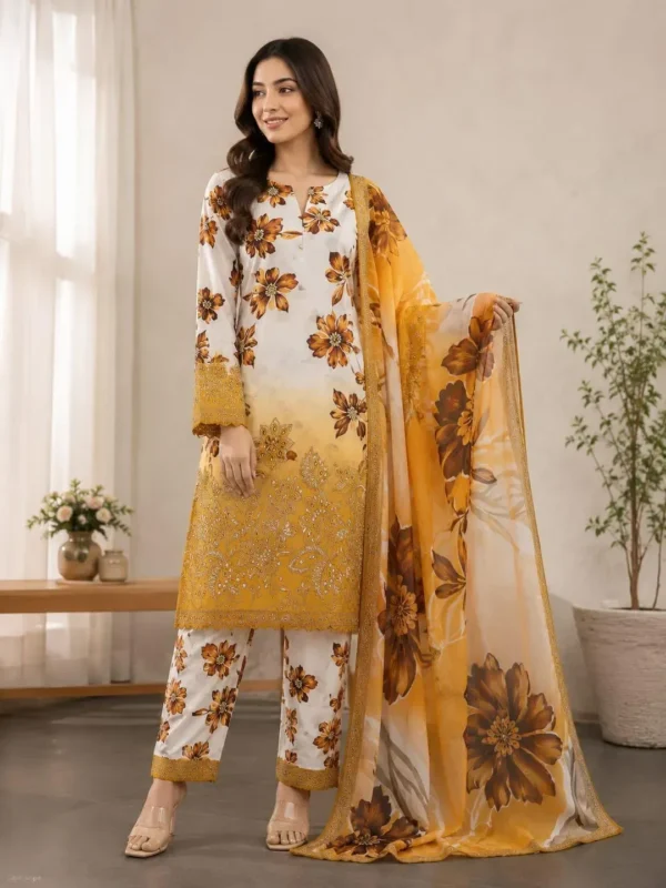 elegant floral printed kurta set yellow 3 piece suit for women
