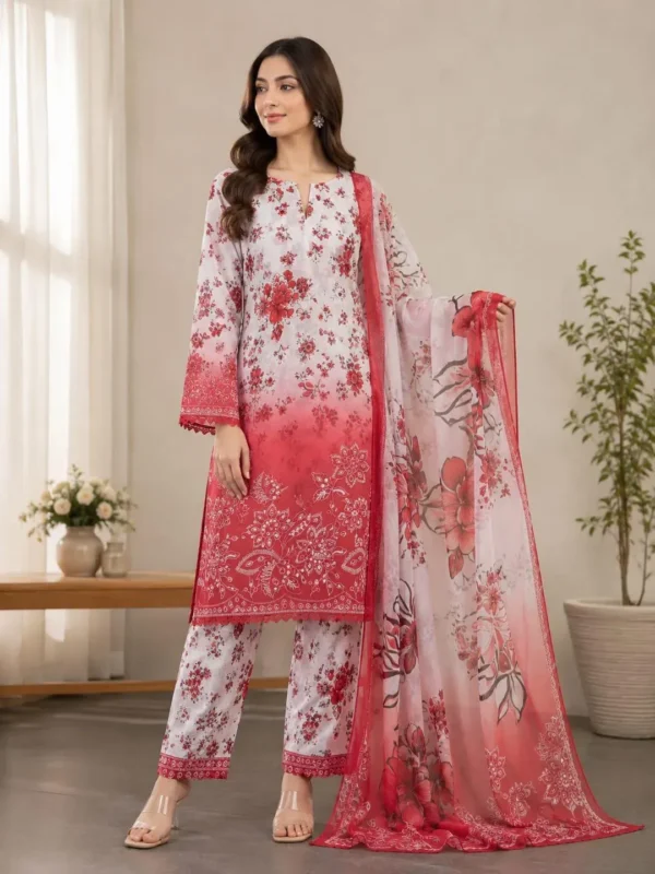 elegant red printed lawn 3 piece suit for women