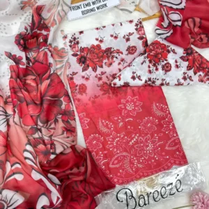 elegant red printed lawn 3 piece suit for women
