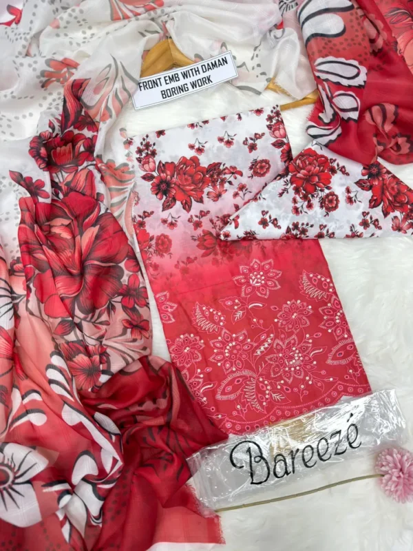 elegant red printed lawn 3 piece suit for women