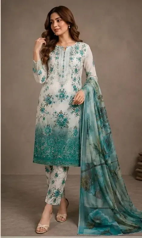 elegant green printed lawn 3 piece suit for women