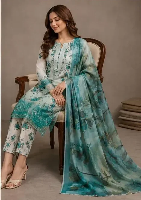 elegant green printed lawn 3 piece suit for women