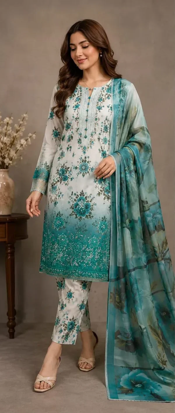 elegant green printed lawn 3 piece suit for women