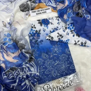 elegant blue printed lawn 3 piece suit for women