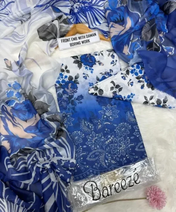 elegant blue printed lawn 3 piece suit for women