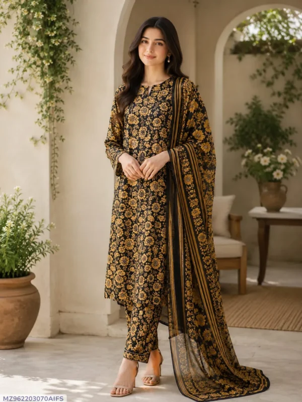 elegant yellow printed lawn 3 piece suit for women